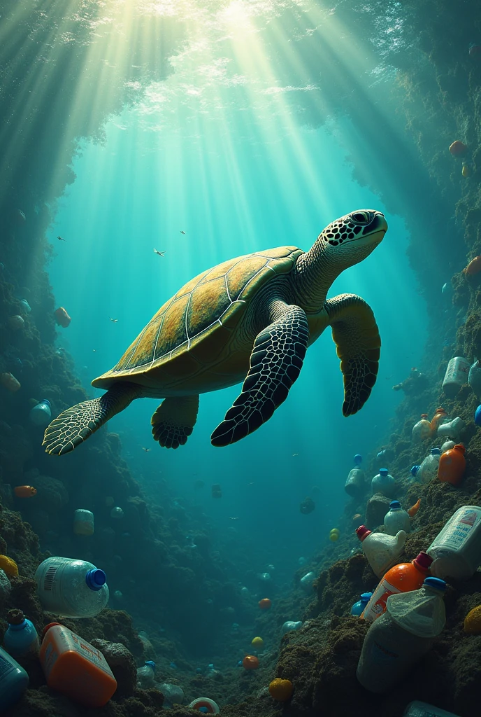 Turtle and trash in the sea more