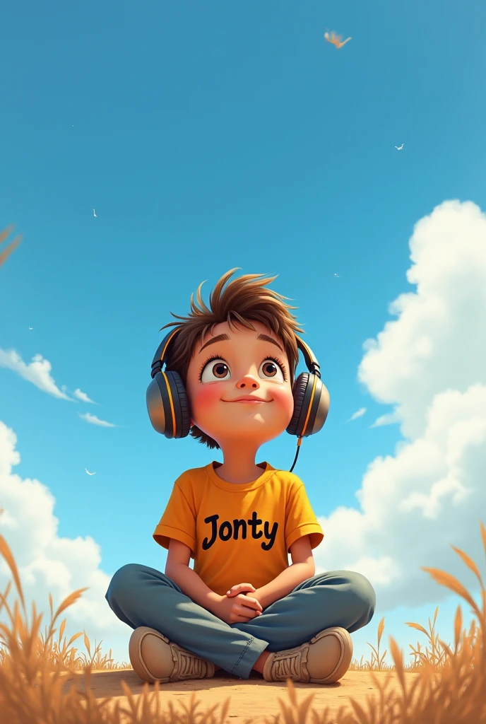 A boy who is listening to a song and looking at the sky and has 'Jonty written on his T-shirt in cartoon