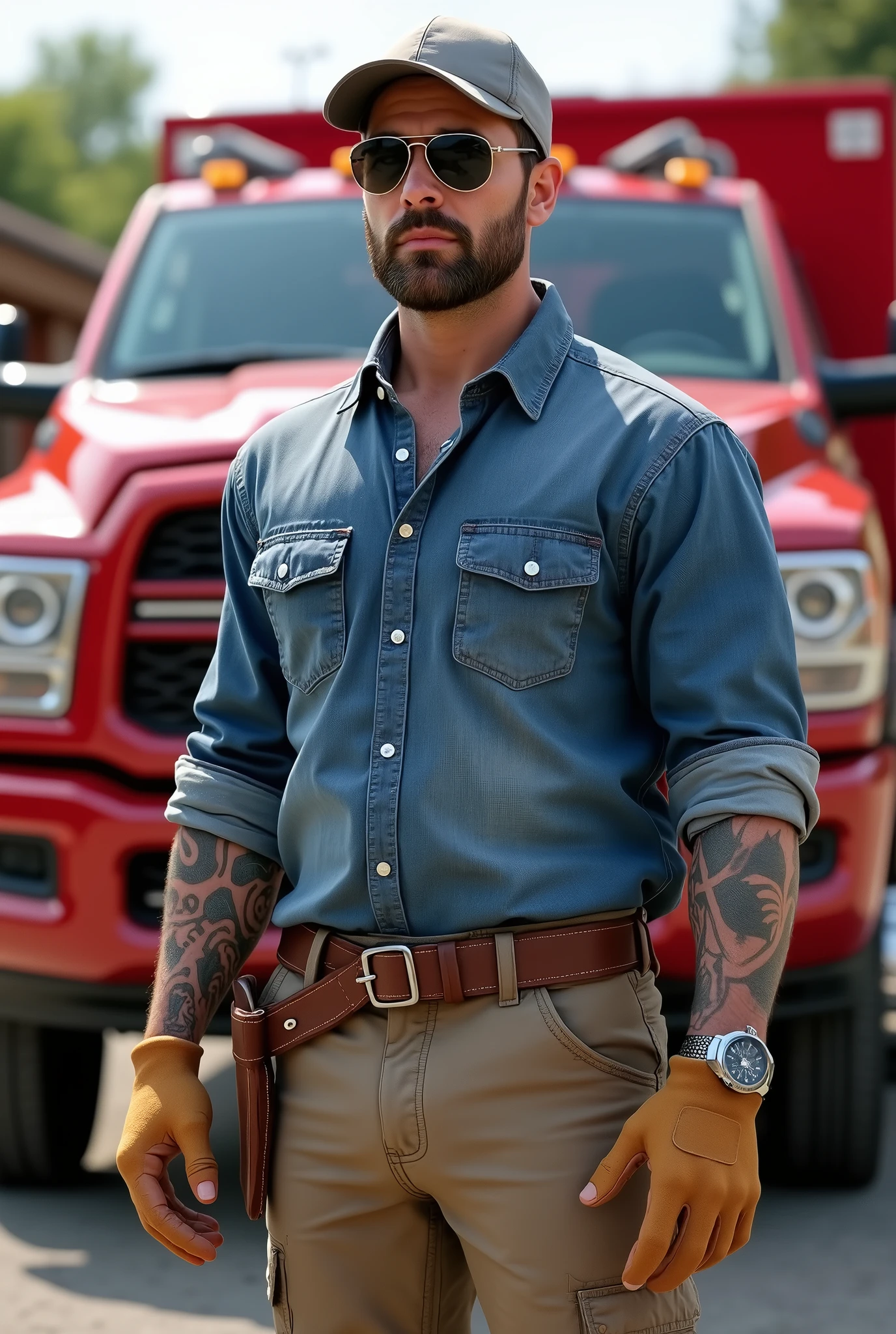 A thirty-year-old contractor, he stands 176cm tall, weighs 75 kg, he has short brown hair. He wears a grey cap, aviator sunglasses, a blue chambray shirt with rolled-up sleeves, tattoos apparent on both arms, a stainless wristwatch, tan leather work gloves, khaki chinos with a brown leather belt, and brown leather work boots stands in front of a red 2024 RAM 5500 crew cab with service body
