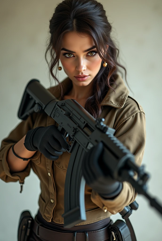 (photorealism:1.2), beautiful sexy woman, with a steyr aug in is hand