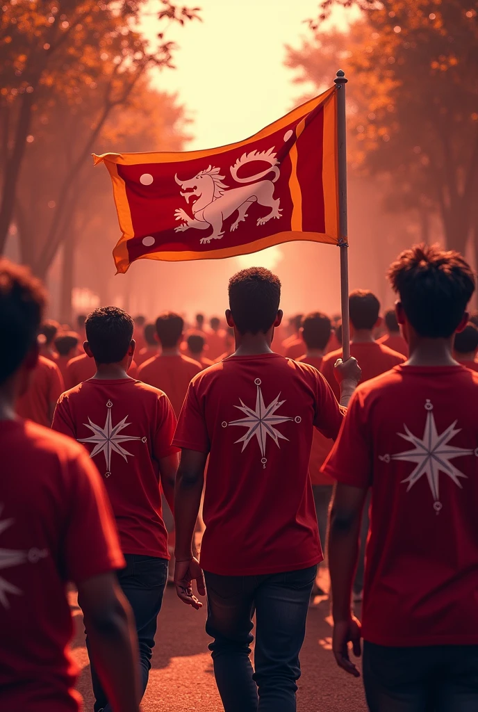 Sri lankan election.peoples walking with National flag. whitr colour one hand Compass logo on t-shirts of peopel..theam colour is marron.