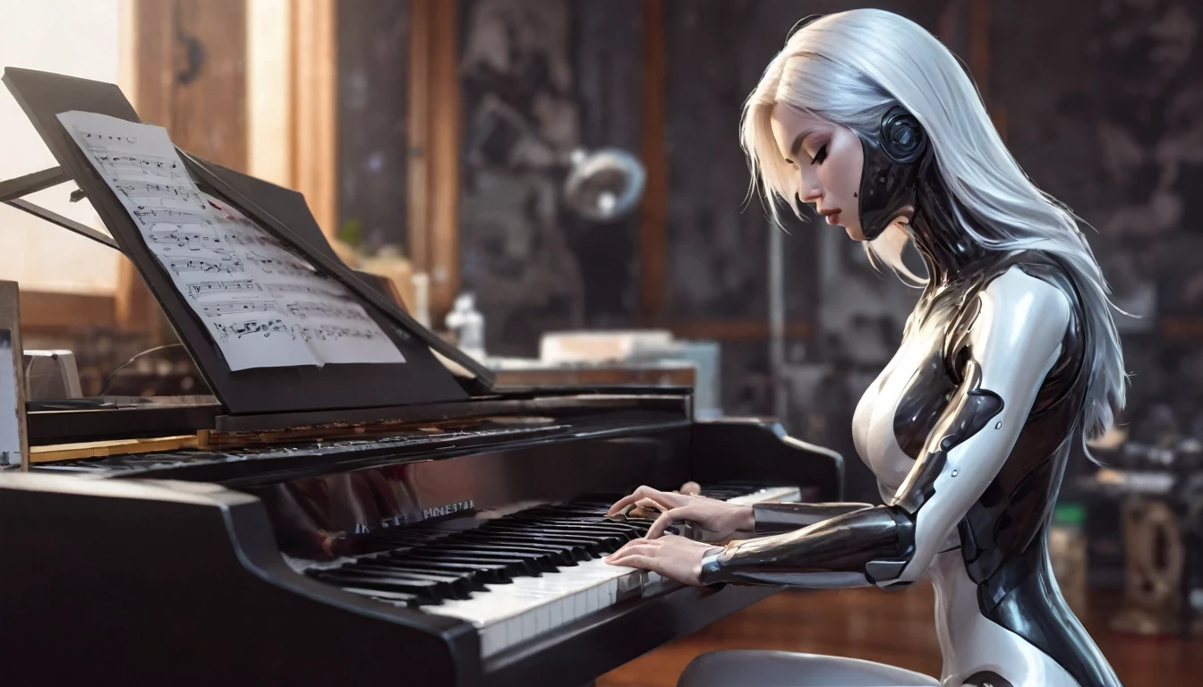  Robot, Play piano, by Artgerm, melhorar, intrikate, (best qualityer, work of art, Representative work, offcial art, proffesional, unity wallpaper 8k:1.3)