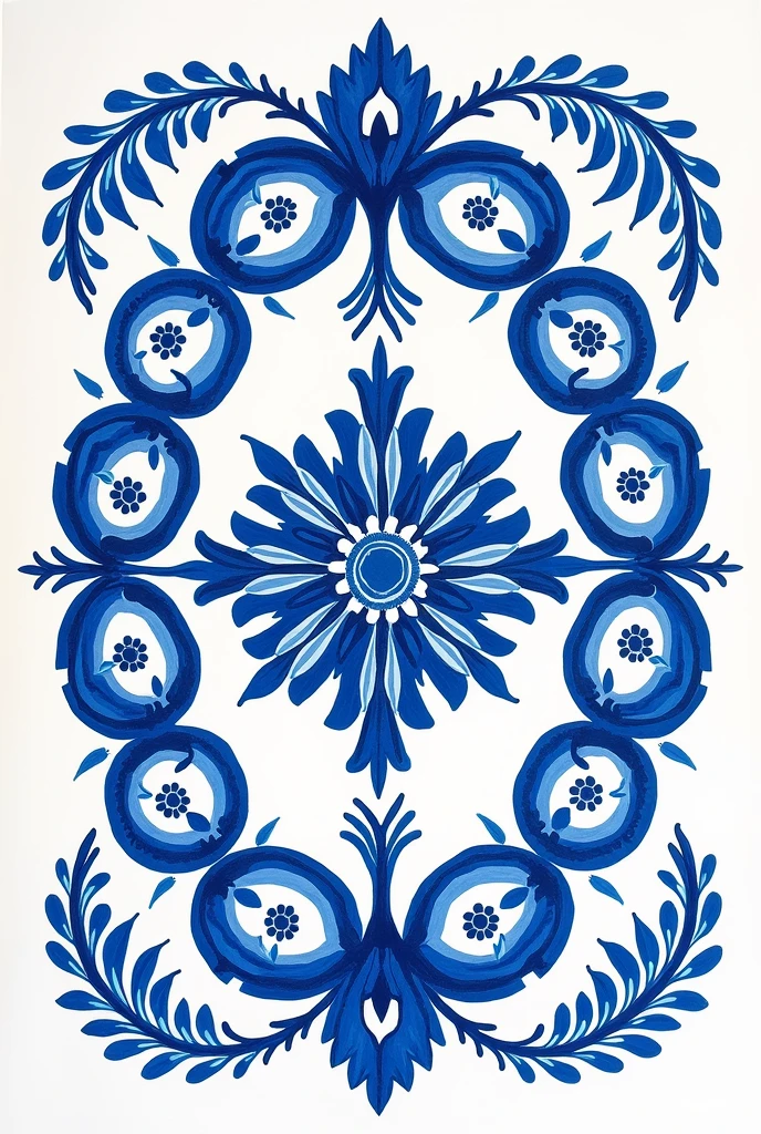 Hello, could you create a rectangular Talavera-style poster illustrated only with white and royal blue?