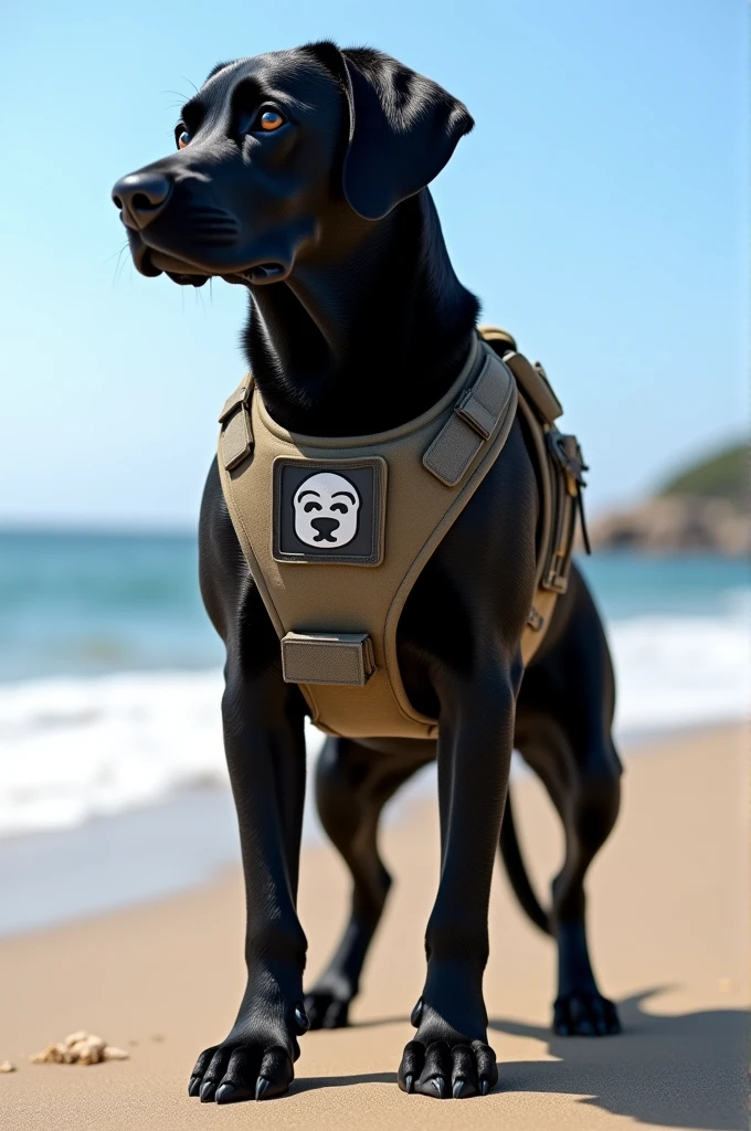 An image of a black labrador wearing a black tactical vest with a manos logo on the beach 