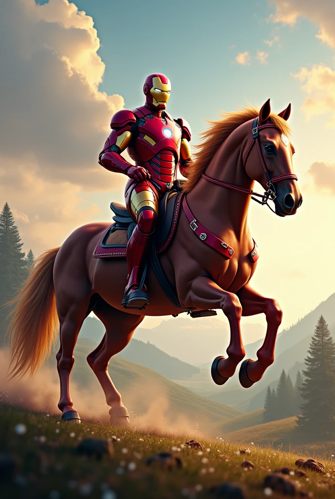 Ironman riding on a large and beautiful horse full body