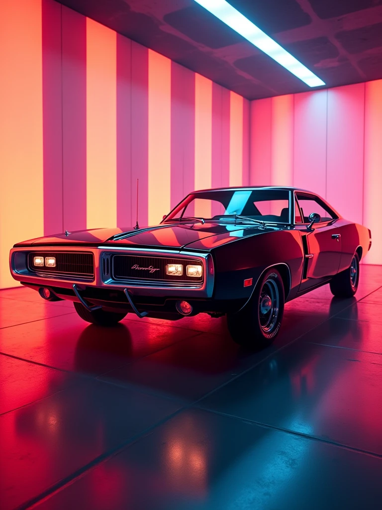 oldtimer, bright, colorful pictures in a photo album, design by retrofutur2, Studio lighting, Volumetric lighting, god rays, 10mm, dodge charger 1970’s color black and red, CarHelper, PhotoHelper, Perfect composition