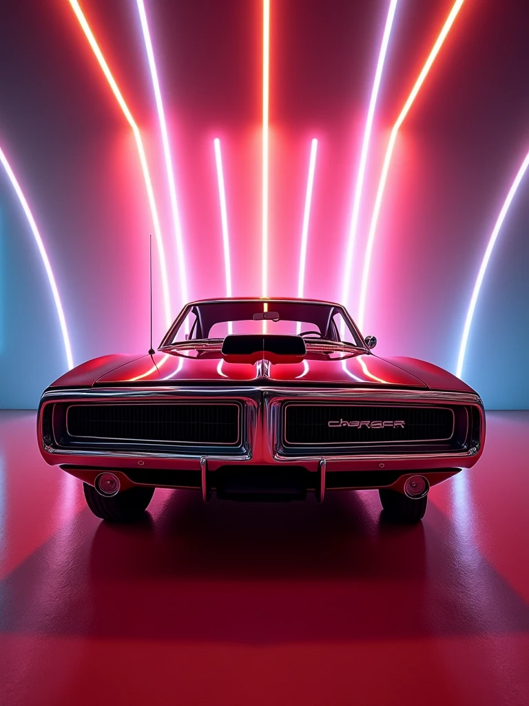 oldtimer, bright, colorful pictures in a photo album, design by retrofutur2, Studio lighting, Volumetric lighting, god rays, 10mm, dodge charger 1970’s color black and red, CarHelper, PhotoHelper, Perfect composition