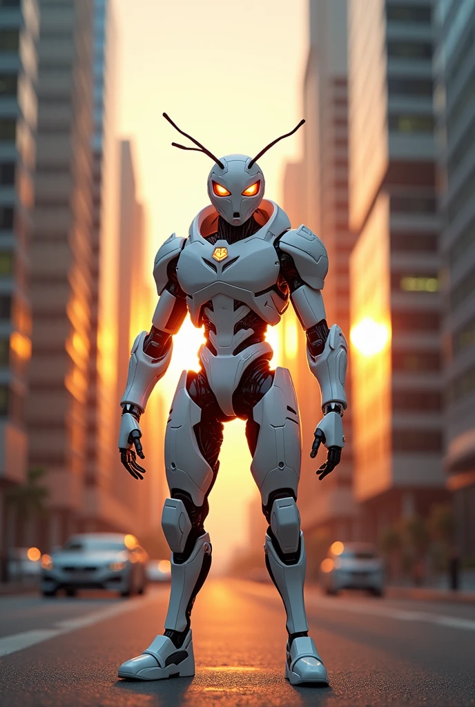  Male Fire ant in white cyborg costume Standing between sky scrapers at sunset 