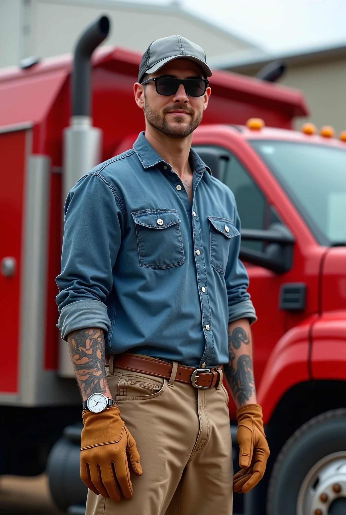 A thirty-year-old contractor, he stands 176cm tall, weighs 75 kg, he has short brown hair. He wears a grey cap, aviator sunglasses, a blue chambray shirt with rolled-up sleeves, tattoos apparent on both arms, a stainless wristwatch, tan leather work gloves, khaki chinos with a brown leather belt, and brown leather work boots stands in front of a red 2024 RAM 5500 crew cab with service body