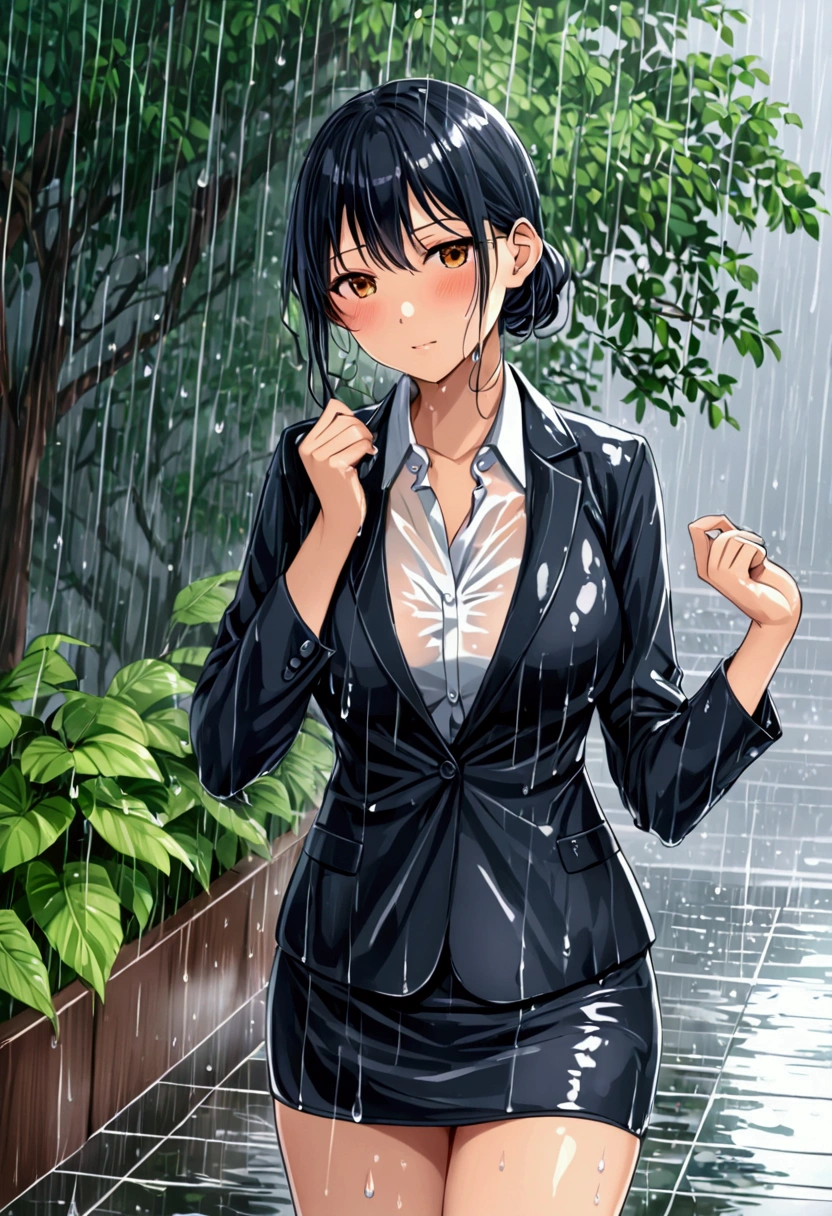 Heavy rain from a typhoon,Office lady wearing a miniskirt suit,beautiful girl,Soaking wet,Nice body,The rain makes my blouse transparent