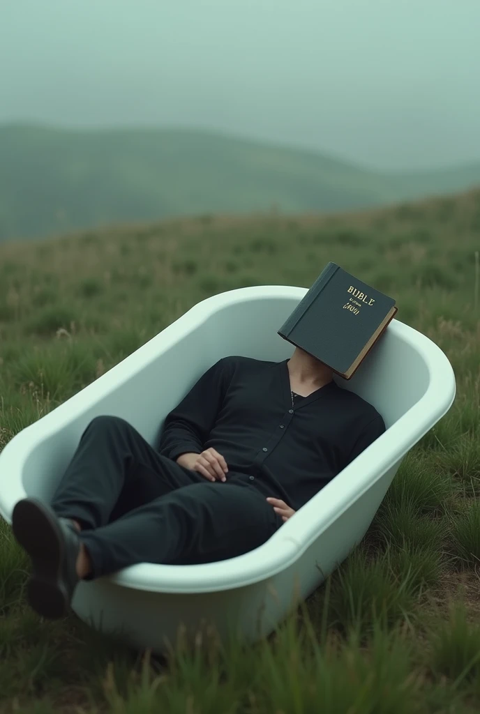 Man lying on the meadow, it is not difficult to see, you can see his entire upper body he is wearing black lying in a bathtub full of water the Bible is on his face and his feet are facing out and it is all on a hill. Sideways and everything is blurred so to speak. As in the cover of Billir Eilish's ep Quittar songs. The man is far away and difficult to see. It is all in landscape format so that it fits on the Youtube banner so the whole picture. OMG how many times sideways you can only see him with the side and the bible is open on his face. THE BATHTUB IS SIDEWAYS YOU CANNOT SEE THE WATER OR SEE IT COMPLETELY SIDEWAYS