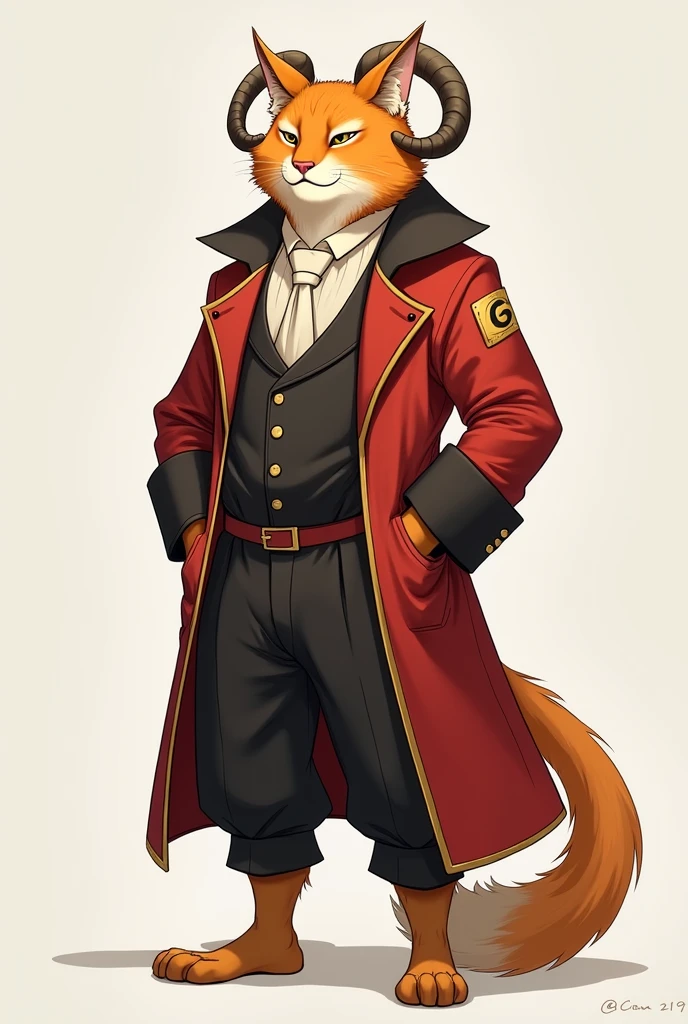 A bipedal cat, Cao Cao, orange in color, With horns facing backwards, wearing high class clothing and exuding self-confidence