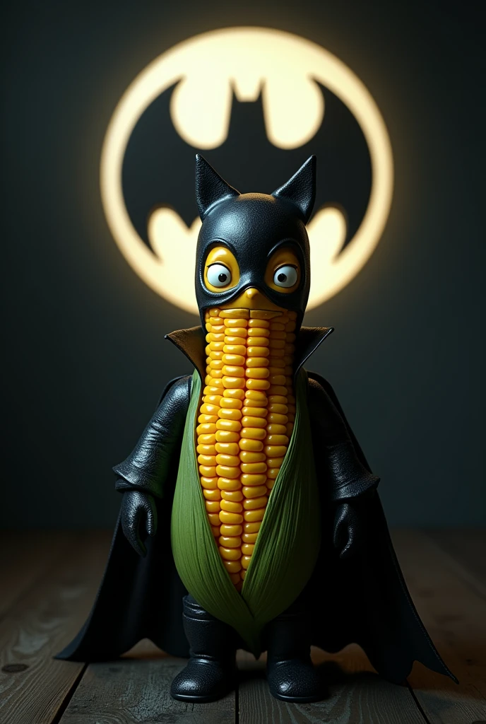 A corn with eyelashes and a Catwoman costume with the Batman logo in the background