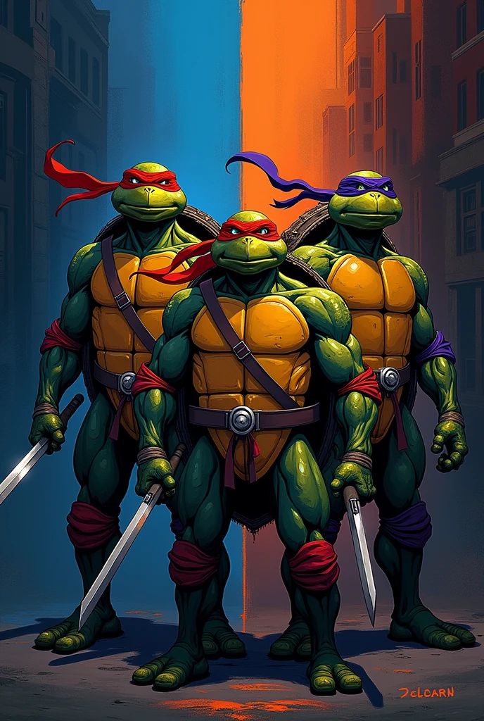 Photos of the four ninja turtles separated by a diagonal line