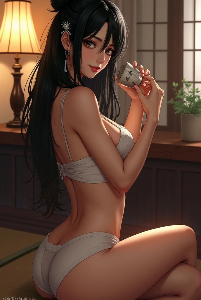 ((Highest quality)), ((masterpiece)), (detailed), One person, sexy,Red sleeve、Oiran、Black Hair、She is wearing a hairpin and her hair is up-style、（No bra）、Big Breasts、Japanese、20th Generation、beautiful girl、In a Japanese-style room、Sitting、A little bit of white panties are visible、evening drink、sake bottle、Sake cup、Thumb