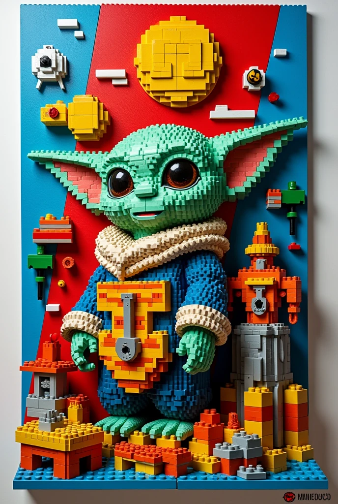 un brick a pop art, with the icons of the state of miranda, baby yoda, gamer culture