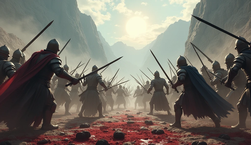 Between the towering mountains and high plateaus on the lands filled with blood and heads on the ground in an arena of fierce battles, the two armies clash with all their might and swords cut off necks. The sun beats down on them with heat, one army wears white clothes and the other wears black clothes and the fierce war is a very realistic high-quality picture