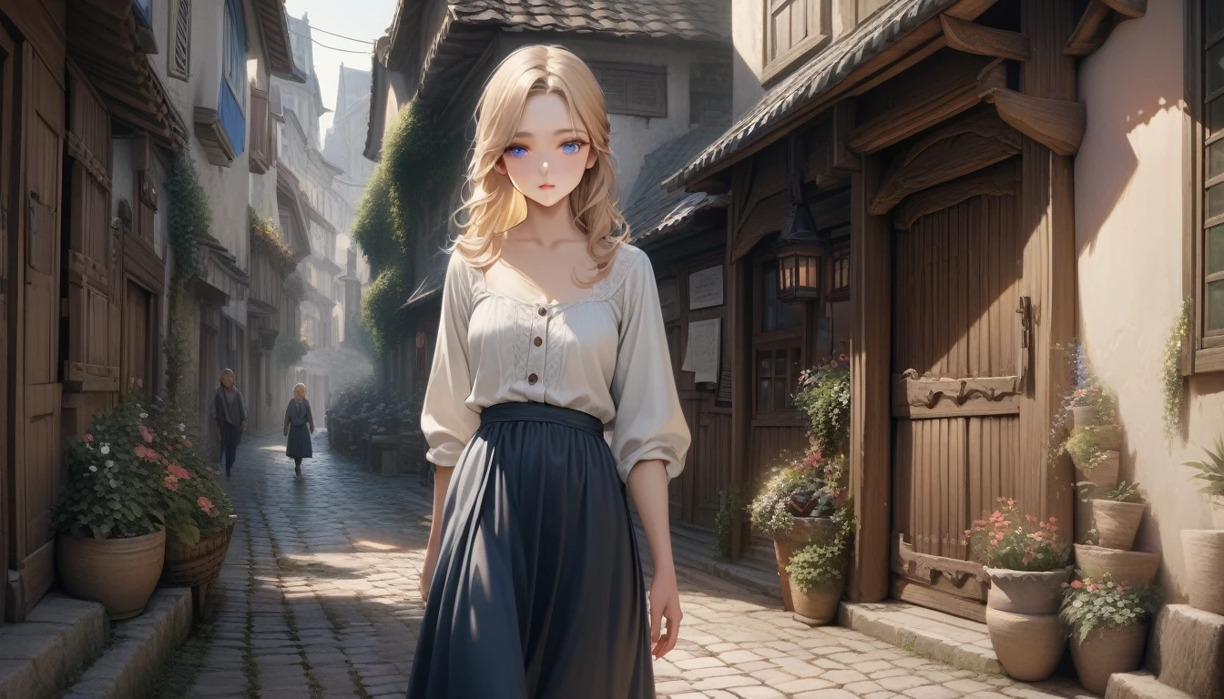 Highest quality, masterpiece, Realistic photos, Intricate details, RAW Photos, Super detailed, old fashioned young woman, Wearing a peasant dress, No neckline, Blonde, Perfect details and blue eyes, Walking around the old town, HD quality, 8k, young woman, 20-year-old