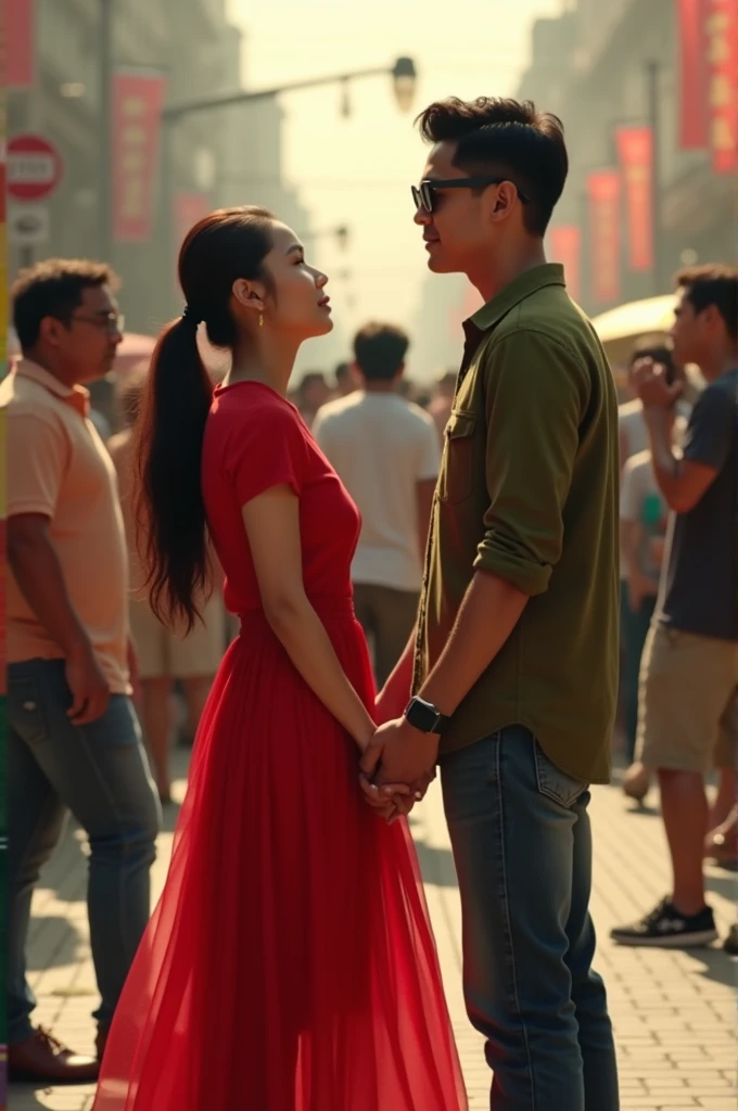Make a picture of a couple of lovers standing in the middle of a crowd of people holding hands, woman wearing a red dress, hair tied, Indonesian woman aged 25 and man aged 30 years, wearing an army green shirt, jeans wearing sunglasses. 
