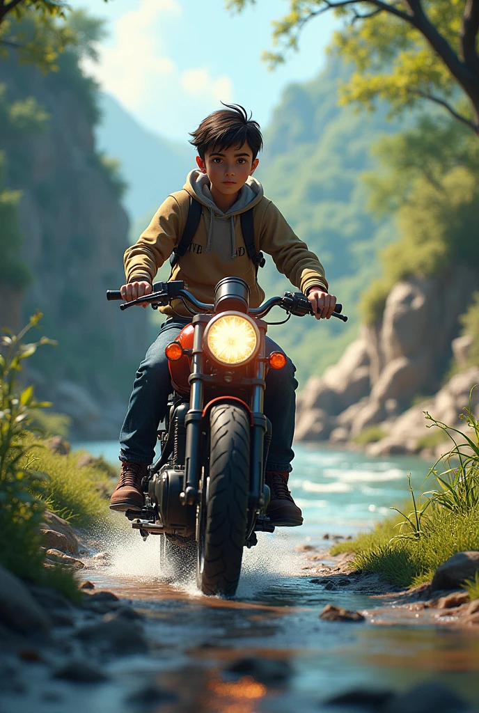 A boy there year 18 has a motor bike and bagraund river and natural location