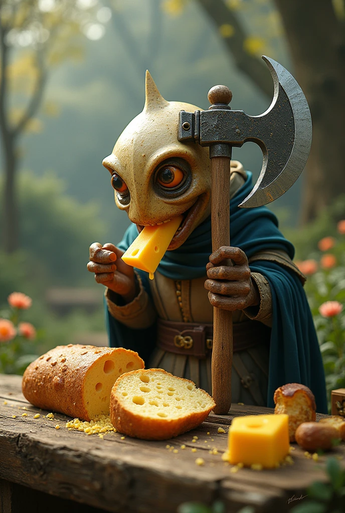 Create a photo with Assisi's axe (google photo) eating cheese bread
