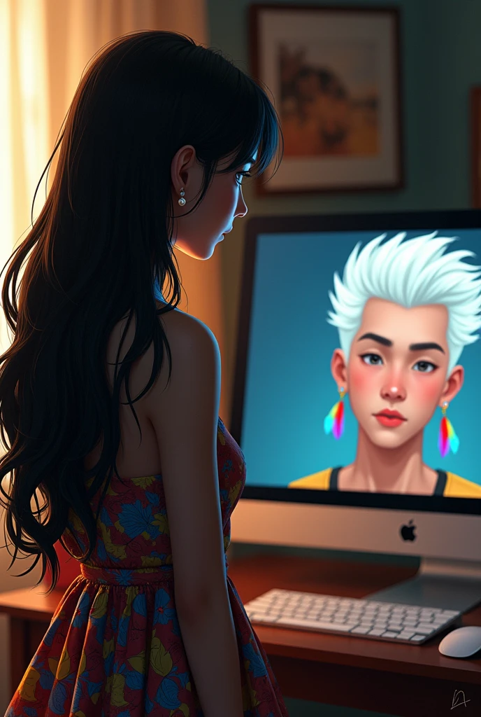 I want a girl with black hair, colorfull dress, small pearl earrings looking at computer with image of white man, strong white hair and colorful bird feather earrings