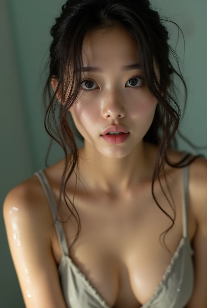 (Best quality, 8k, 32k, Masterpiece, UHD:1.2), NSFW, Korean girl, seductive face, sweating, wet dress, no bra, indoor, shower, front lit, well-lit face, sexy pose