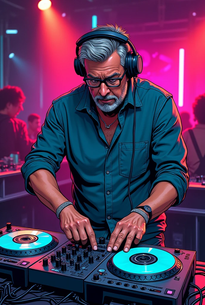 DJ, headphones, Techno, turntables, 40 jähhriger mann, comic Style, No Commerce,
