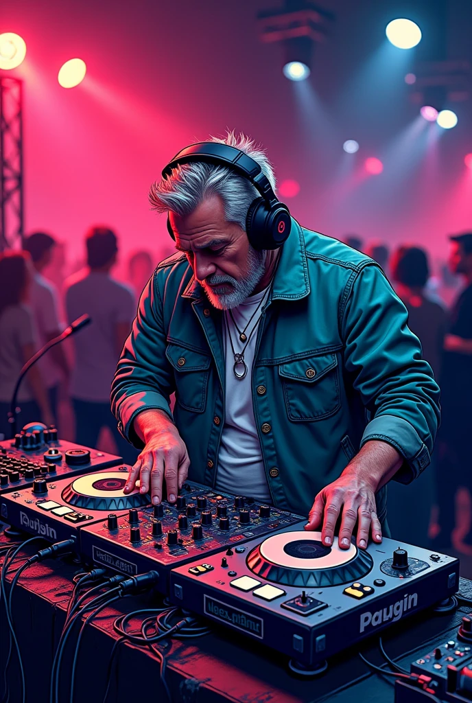 DJ, headphones, Techno, turntables, 40 jähhriger mann, comic Style, No Commerce,