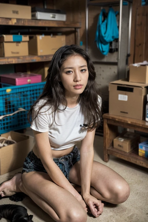 (Original Photography, best quality), (Reality:1.3), (Photo quality:1.2), (Ultra-high resolution:1.0), 8k, RAW photos,Stuff the cat, Young people who are just starting out in social work, In the storage room