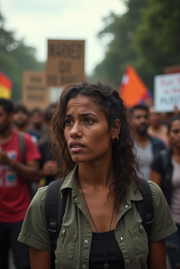A human rights activist from Latin America, in a people&#39;s march, with a tired look but with the desire to continue fighting , with signs saying they want freedom 