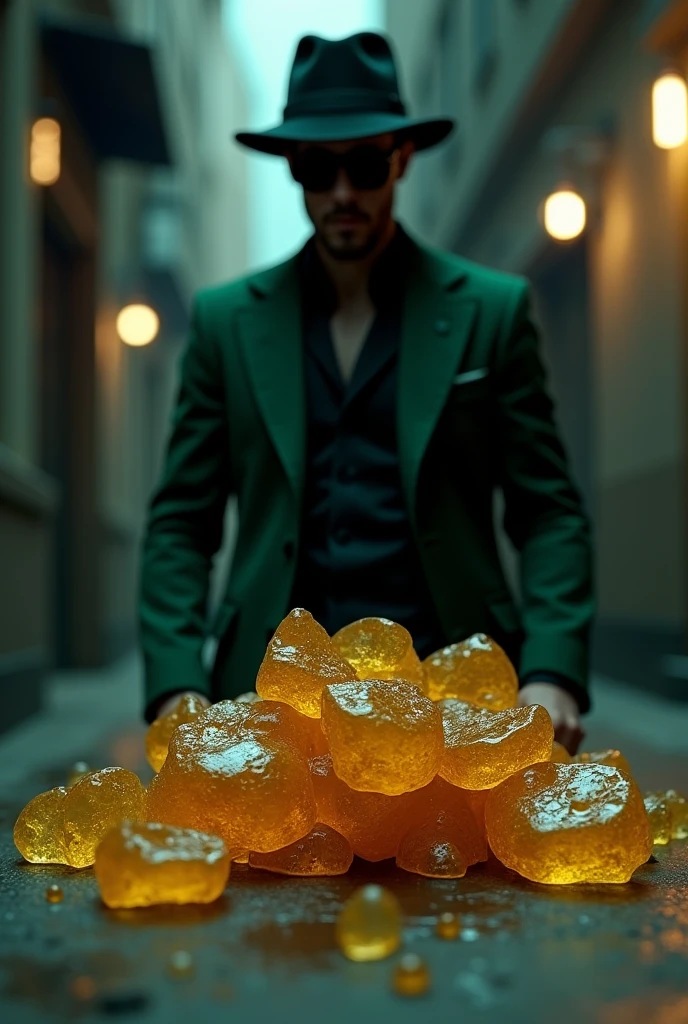 Morceaux de resine cbd  3D dans une ruelle sombre, en arrières plan a droite un homme chapeaux noir lunette de soleil noir smoking vert, en arrières plan version dark urban