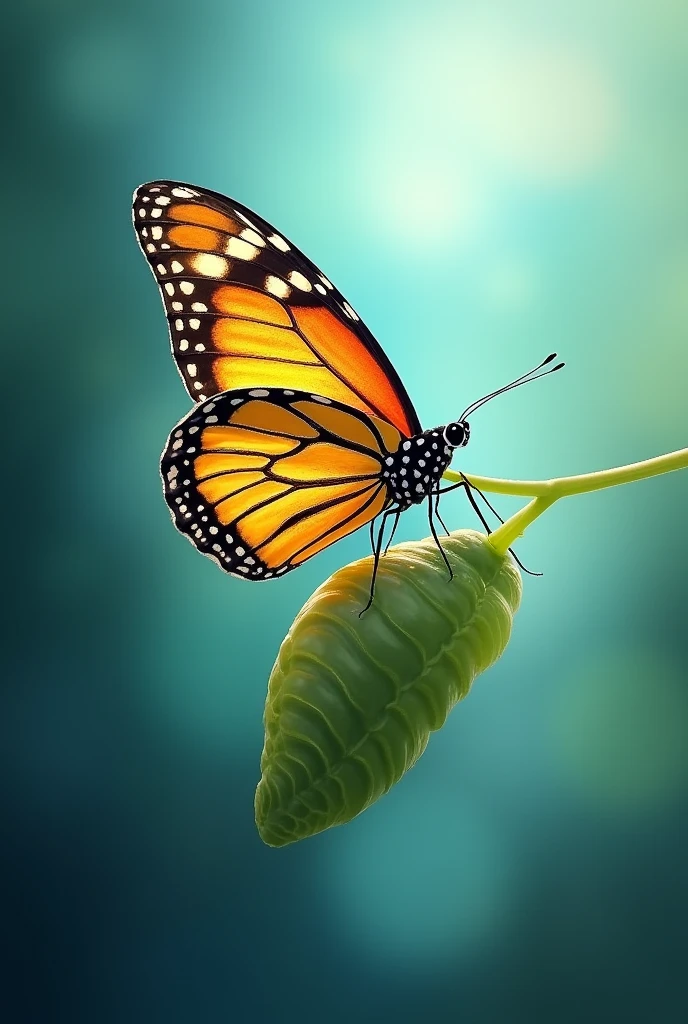 Create an inspiring eBook cover image featuring a vibrant butterfly emerging from a cocoon. The background should be smooth and ethereal, with shades of blue and green, symbolizing transformation and renewal. The butterfly must be detailed and colorful., representing metamorphosis and personal growth.