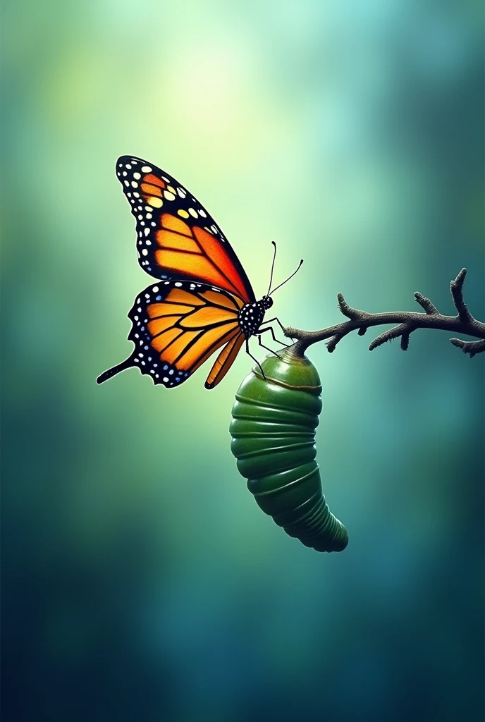 Create an inspiring eBook cover image featuring a vibrant butterfly emerging from a cocoon. The background should be smooth and ethereal, with shades of blue and green, symbolizing transformation and renewal. The butterfly must be detailed and colorful., representing metamorphosis and personal growth.