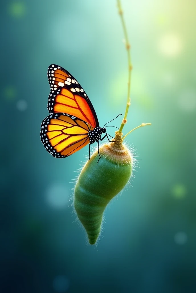 Create an inspiring eBook cover image featuring a vibrant butterfly emerging from a cocoon. The background should be smooth and ethereal, with shades of blue and green, symbolizing transformation and renewal. The butterfly must be detailed and colorful., representing metamorphosis and personal growth.