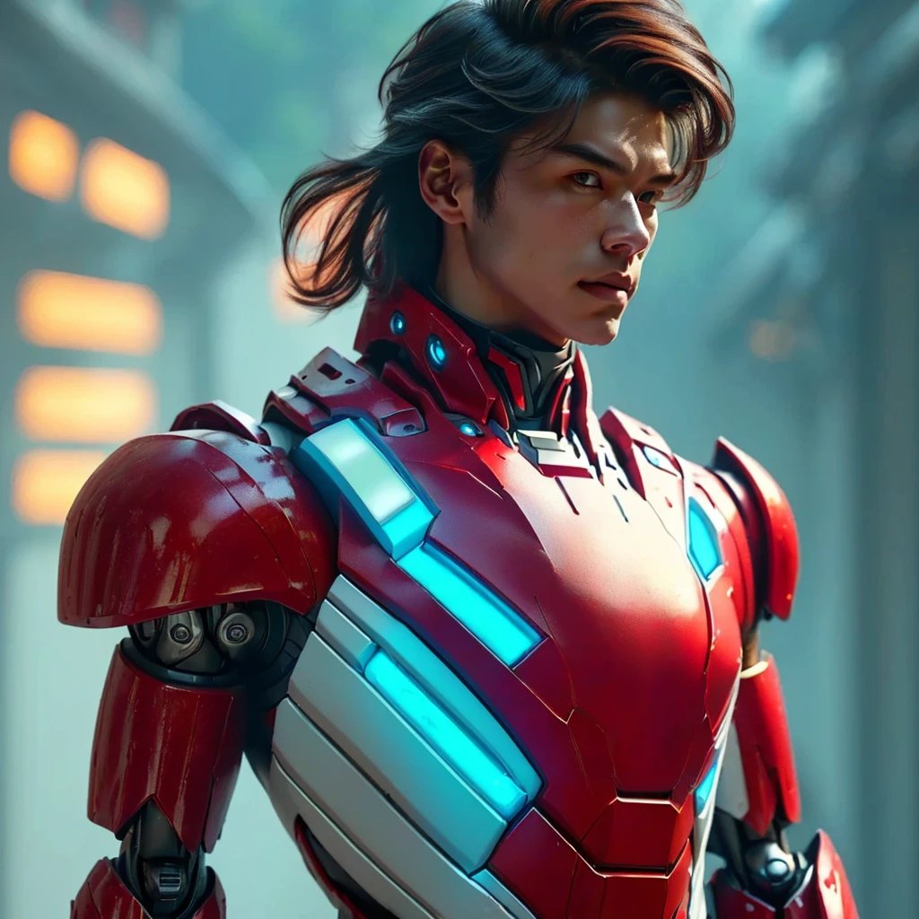 a young 17 year old boy wearing a red and white exoskeleton armor, a robot face on his chest , malaysian mullet hairstyle, detailed face and eyes, highly detailed, 8k, photorealistic, cinematic lighting, concept art, sci-fi. Led light blue.led light robot face on body Punisher. Marvel.
 next gen, future warrior, cyber suit, anton fadeev 8 k, like ironman, red armor, science fiction suit, sci - fi suit, cinematic full shot, high-tech red armor, wearing futuristic armor. a young 17 year old boy wearing a red and white exoskeleton armor, a robot face on his chest , malaysian mullet hairstyle, detailed face and eyes, highly detailed, 8k, photorealistic, cinematic lighting, concept art, sci-fi. Led light blue.led light robot face on body Punisher. Marvel.
