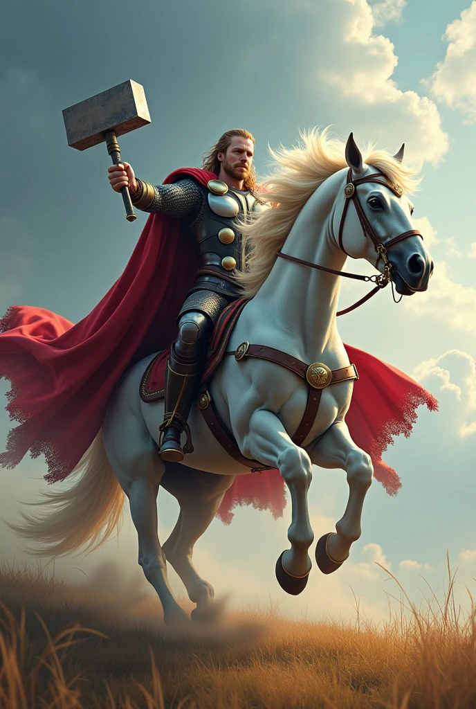 Thor riding on a large and beautiful horse full body