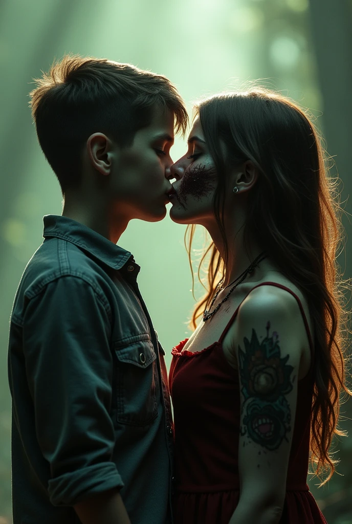 Boy forcefully kissing a zombie girl.