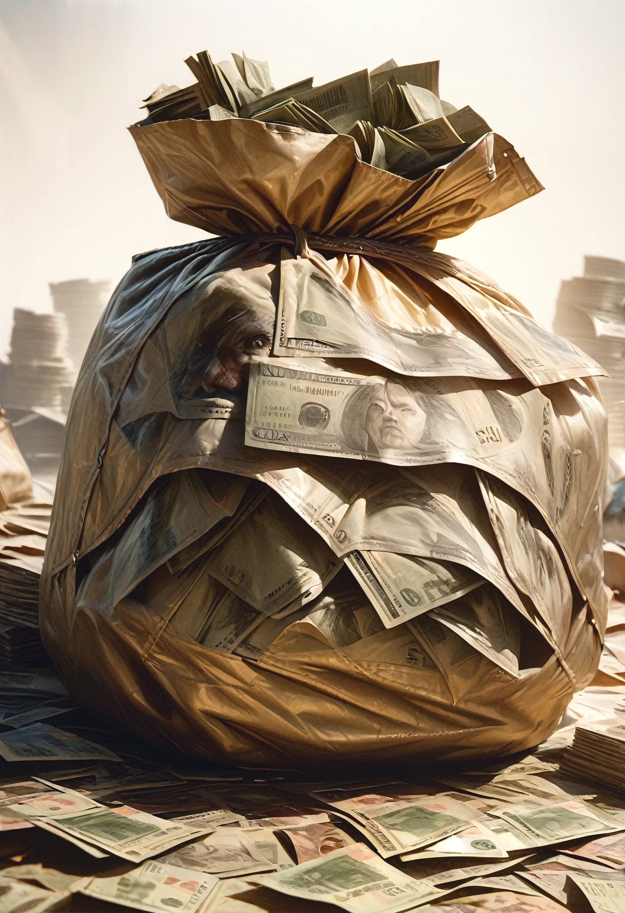A large bag full of money, detailed stacks of cash, white background, small human legs protruding from the bag, smaller overall image size, more scattered money around the bag, (best quality,4k,8k,highres,masterpiece:1.2),ultra-detailed,(realistic,photorealistic,photo-realistic:1.37),professional,vivid colors,studio lighting