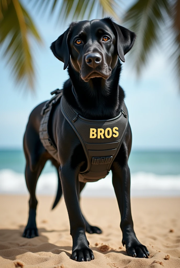 An image of a black labrador wearing a tactical vest with the logo reading bros on the beach 