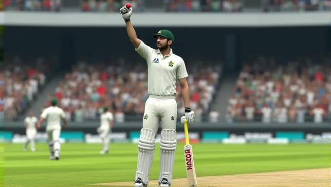 Babar Azam raising hand with cricket ball in hand and lead the team towards the pavillian after picking up 5 wicket haul in test match vs Bangladesh in Real Cricket 24