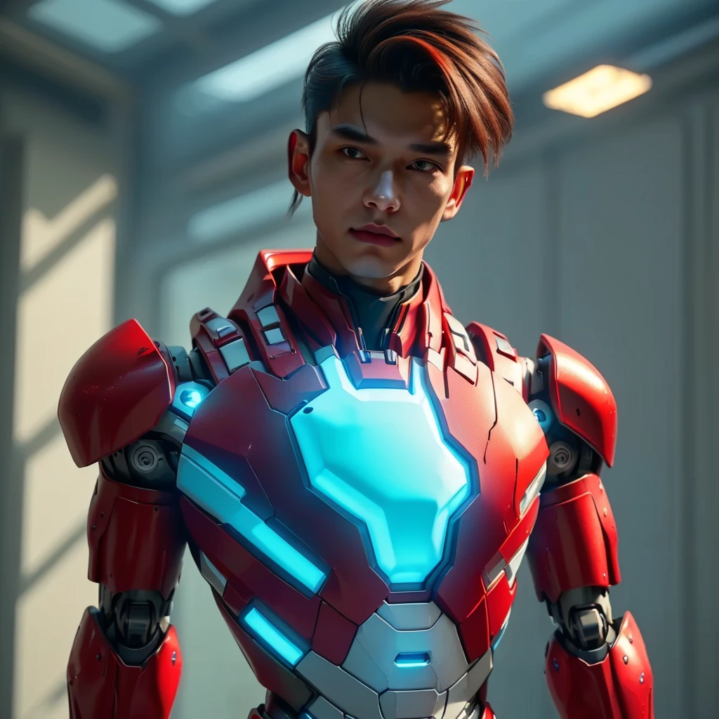 a young 17 year old boy wearing a red and white exoskeleton armor, a robot face on his chest , malaysian mullet hairstyle, detailed face and eyes, highly detailed, 8k, photorealistic, cinematic lighting, concept art, sci-fi. Led light blue.led light robot face on body Punisher. Marvel.
 next gen, future warrior, cyber suit, anton fadeev 8 k, like ironman, red armor, science fiction suit, sci - fi suit, cinematic full shot, high-tech red armor, wearing futuristic armor. a young 17 year old boy wearing a red and white exoskeleton armor, a robot face on his chest , malaysian mullet hairstyle, detailed face and eyes, highly detailed, 8k, photorealistic, cinematic lighting, concept art, sci-fi. Led light blue.led light robot face on body Punisher. Marvel.
