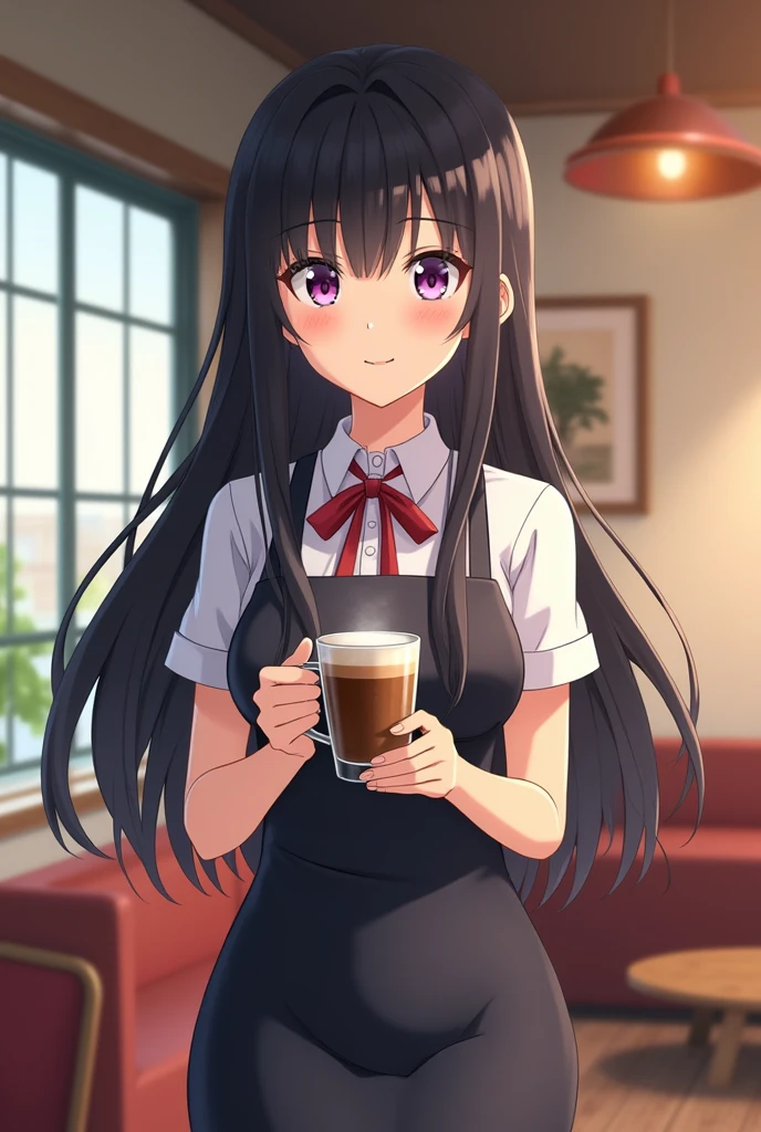 Captura de pantalla de jujutsu kaisen, black hair, Full, slightly pink lips, Long hair, fringe, Bright purple eyes, She looks calm and fun, smile, full body screenshot, background in a coffee shop serving a cup of coffee, She is in a cafeteria, sunny day, 32K, good quality, MAPPA studies.), Jujutsu Kaisen Perfect female figure screenshot, ((coffee barista outfit)), ((looking and shy at viewert)), (Perfect thick white eyebrows) Delicate fur, Details face, s the perfect shy face, At a in an coffee shop , (Drink a glass of coffee standing), Comfortable background, perfect decoration, lighting atmosphere, ((Bonifasko lighting)), (The round lenses on his eyes)(Detailed eyes), Perfect student