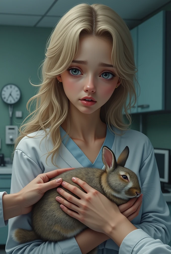 A realistic image of the 18-year-old beautiful young woman with blonde hair, holding the rabbit in her arms at a vet's office. The rabbit appears unwell, lying still as the woman looks worried and anxious. The vet is examining the rabbit, adding a sense of urgency and concern to the atmosphere, reflecting the woman's fear and realization that she hasn't been attentive enough.