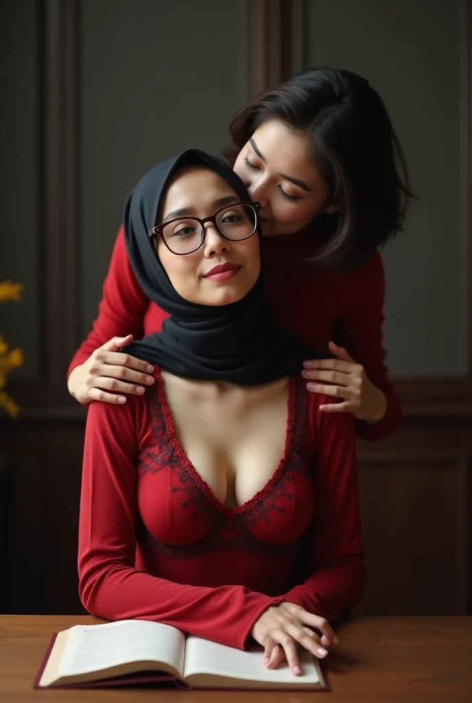 beautiful 35 yo indonesian hijab teacher wearing glass,black bra,medium breast,pale eyes,sat on the table,hug from.behind by a 20 yo woman medium tit,,short hair,wearing red lingerie,kiss on neck,front view