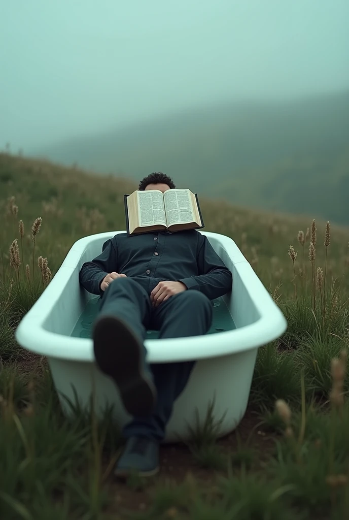 Man lying on the meadow, it is not difficult to see, you can see his entire upper body he is wearing black lying in a bathtub full of water the Bible is on his face and his feet are facing out and it is all on a hill. Sideways and everything is blurred so to speak. As in the cover of Billir Eilish's ep Quittar songs. The man is far away and difficult to see. It is all in landscape format so that it fits on the Youtube banner so the whole picture. OMG how many times sideways you can only see him with the side and the bible is open on his face. THE BATHTUB IS SIDEWAYS YOU CANNOT SEE THE WATER OR SEE IT COMPLETELY SIDEWAYS. So it is perfect except that it is about 50 meters away and is blurry