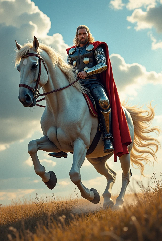 Thor riding on a large and beautiful horse full body