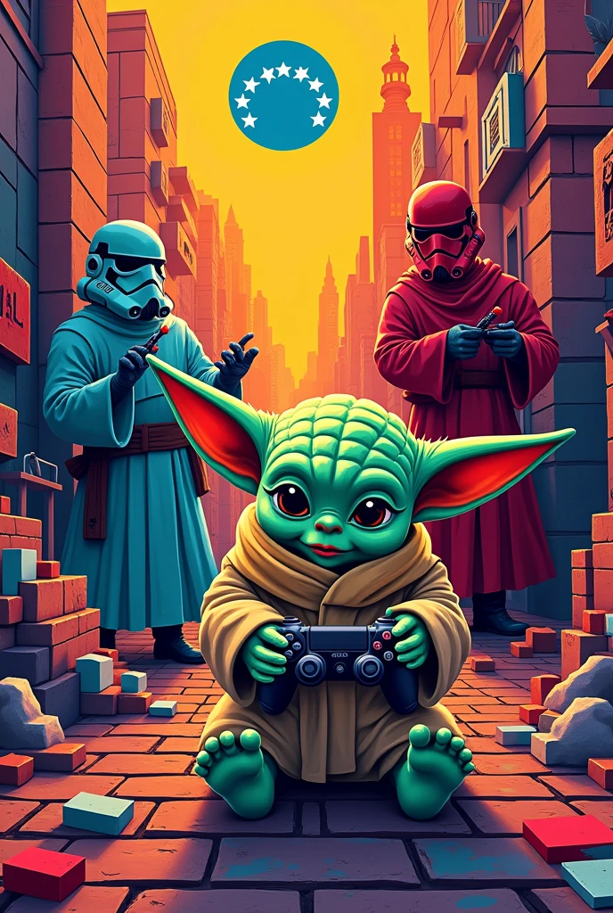 un brick a pop art, with the icons of the miranda state of venezuela, baby yoda, gamer culture