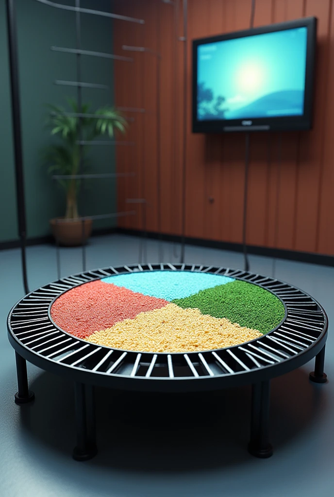 realistic black mini trampoline round in 3D with sensory mat on top divided into four different parts, a part with rice, another with sand, another with grass and another with pebbles. The trampoline has a grid around it with 1,20 meters of iron bar from the ceiling and at the end of it there is a television screen that is at the height of the trampoline