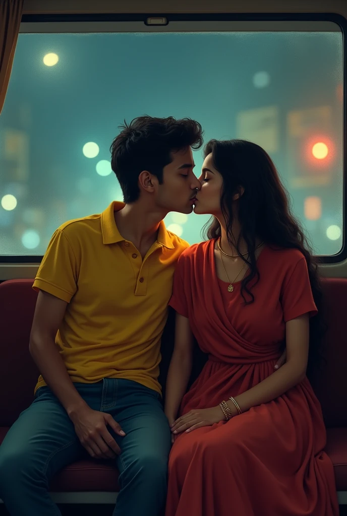 The boy and girl kissing each other inside the bus at night. Boy wears yellow polo t shirt, girl wears red undesigned Chudidhar. They sit Simentuously